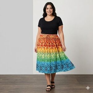 Liz & Me Rainbow Ombre‎ Cotton Midi Skirt Plus Size 4X 30/32W Boho Eclectic Folk